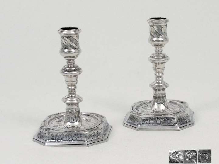 Fine Pair of Early English Silver Candlesticks with Chinoiserie-Décor